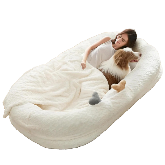 Human Dog Bed w/ Blanket | Luxury Chevron Faux Fur / Egg Shaped Orthopedic Foam | 72" x 40" x 10"