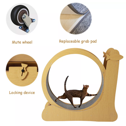 Wooden Cat Wheel w/ Scratch Pad | Safety Lock, Low Noise