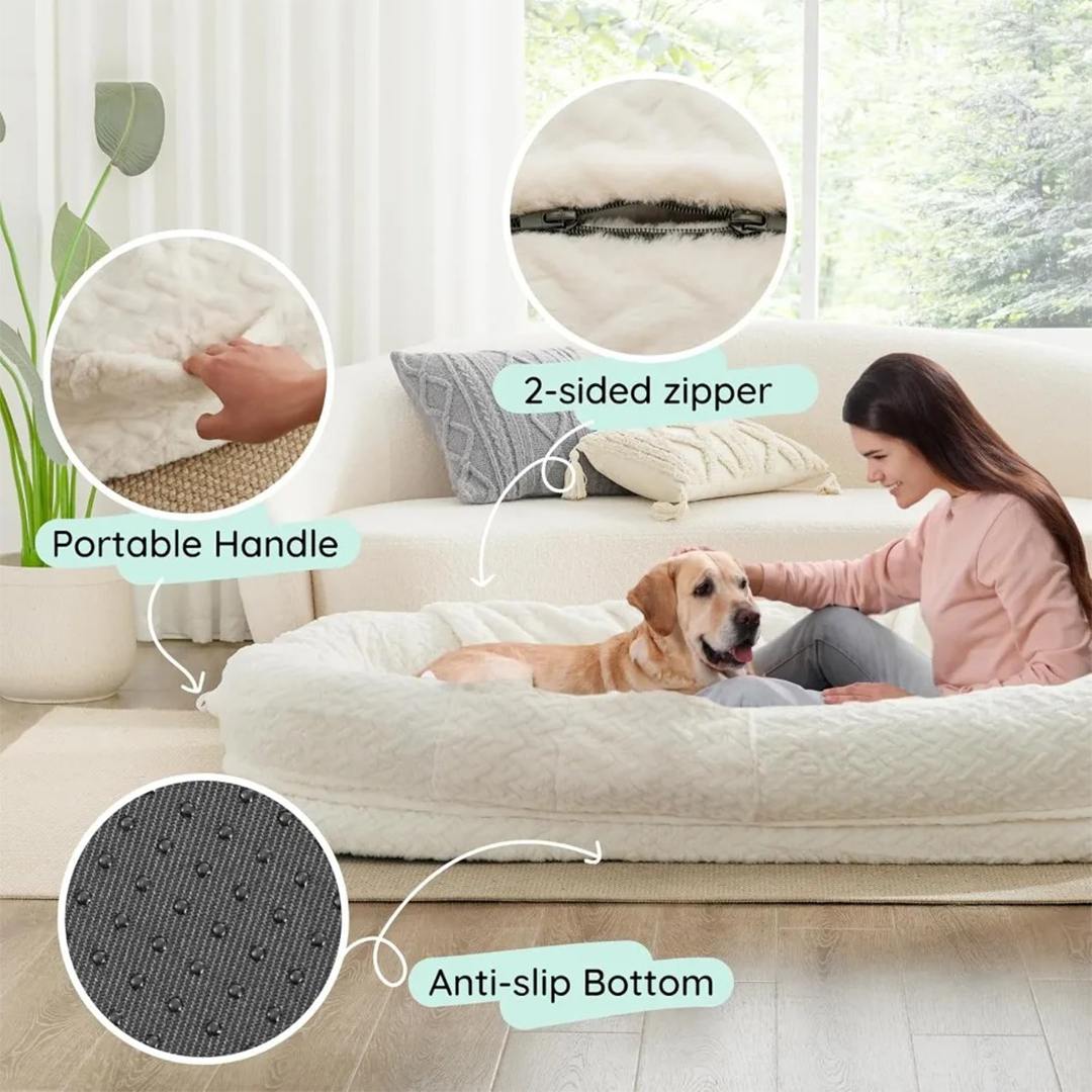 Human Dog Bed w/ Blanket | Luxury Chevron Faux Fur / Egg Shaped Orthopedic Foam | 72" x 40" x 10"