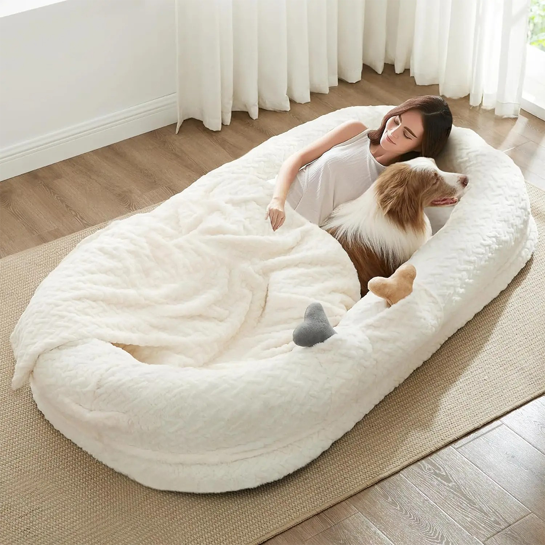 Human Dog Bed w/ Blanket | Luxury Chevron Faux Fur / Egg Shaped Orthopedic Foam | 72" x 40" x 10"