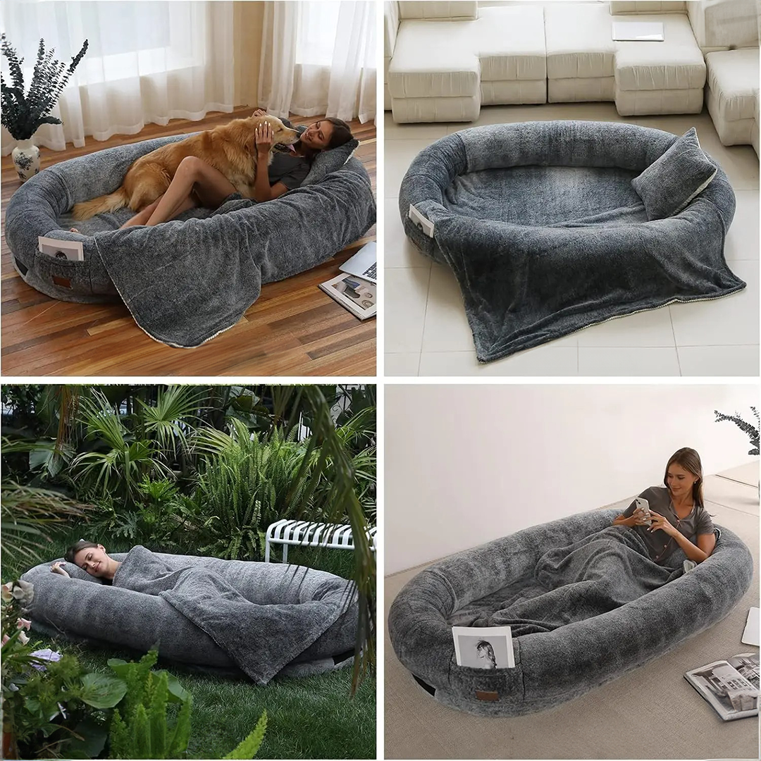 Extra Comfy Plush Human Dog Bed w/ Blanket and Pillow | 72.8" x 43.3" x 11.8"