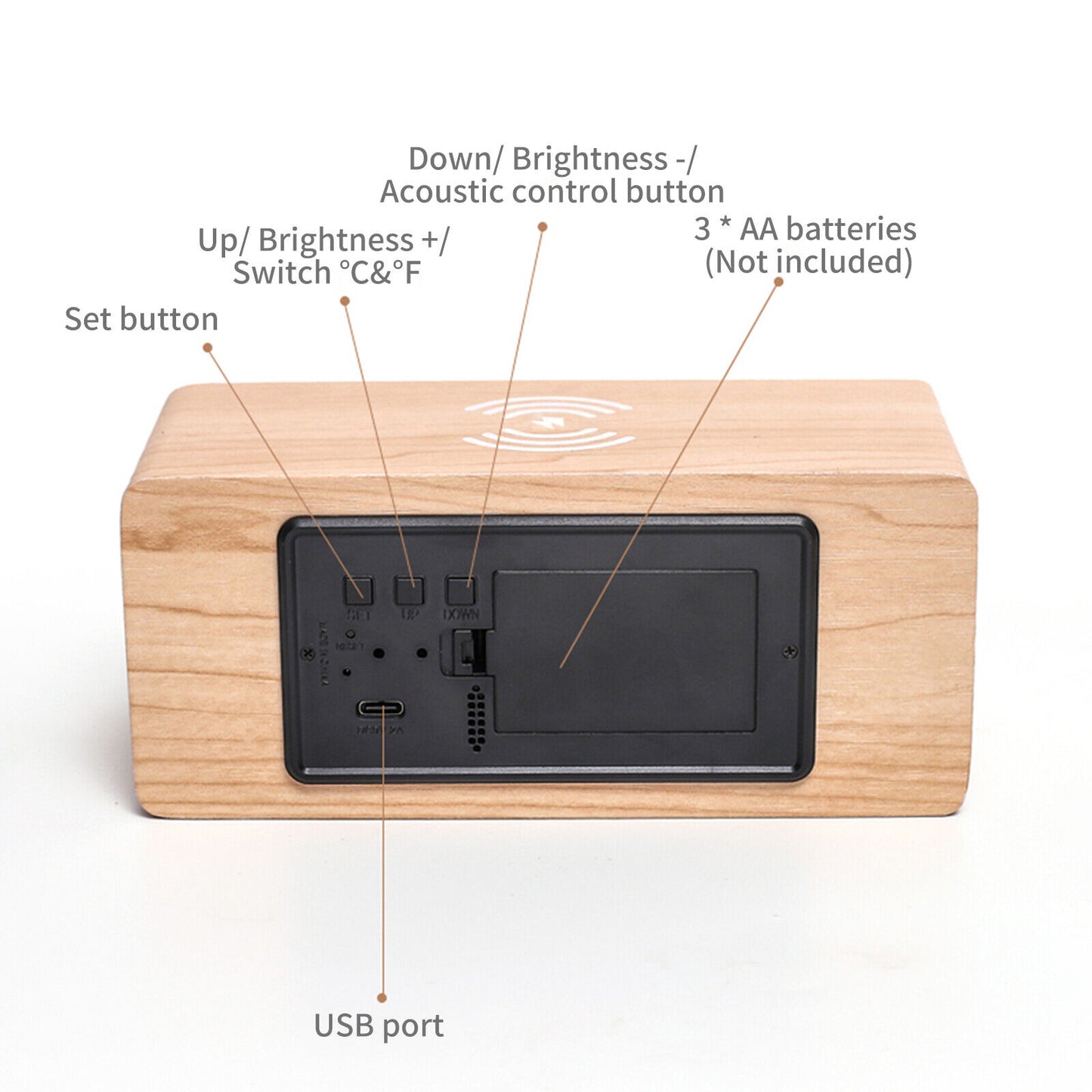 Bamboo Alarm Clock Thermometer Date Wireless Charger