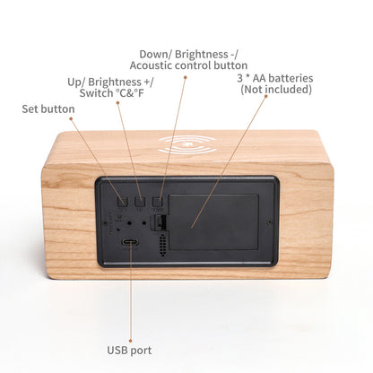 Bamboo Alarm Clock Thermometer Date Wireless Charger