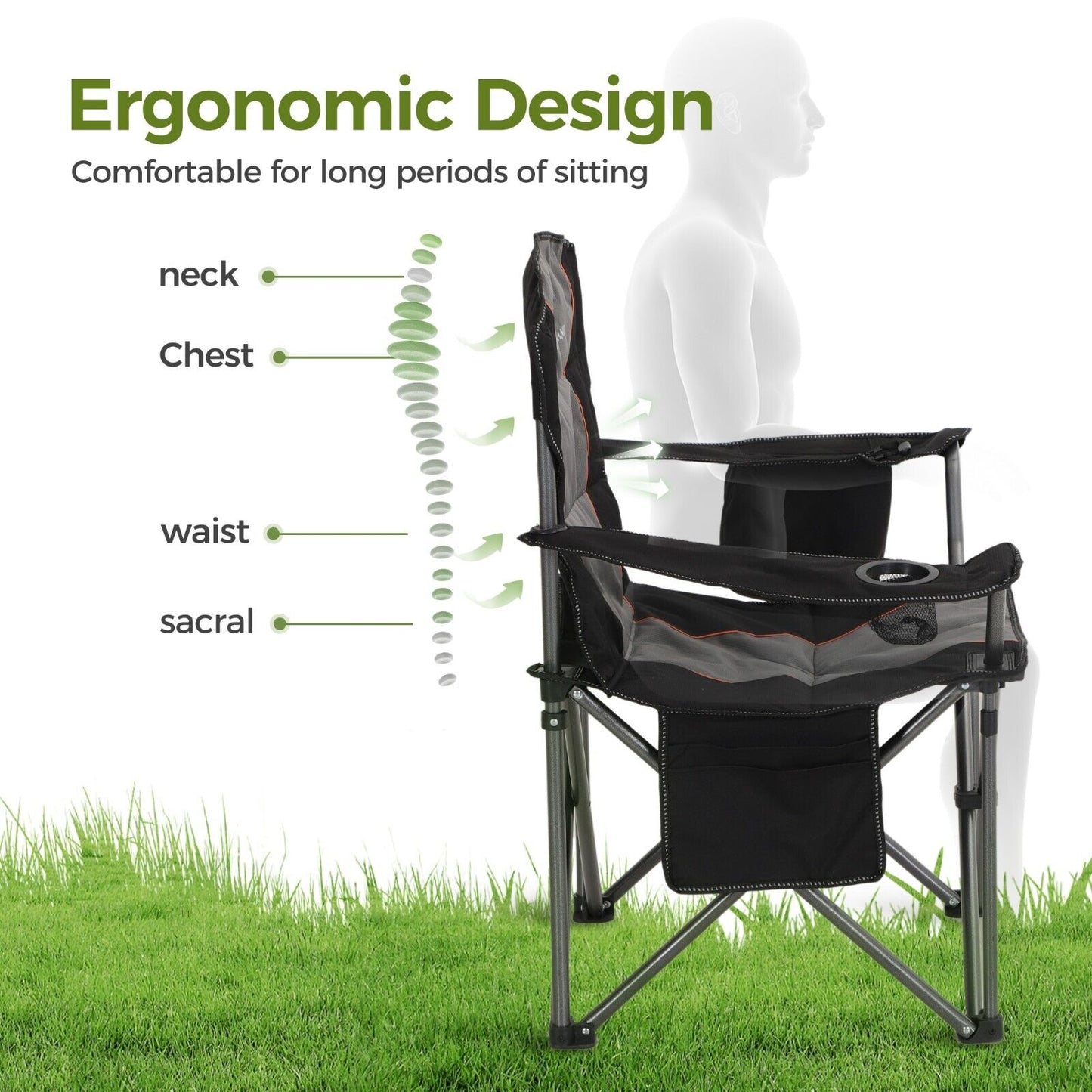 Camping Chair - Heavy Duty | 450 lb Weight Capacity, Lightweight, Cooler Bag, Size L